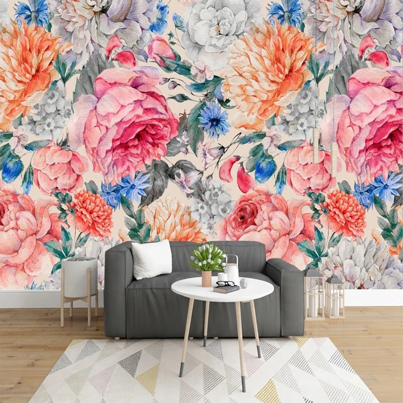 Custom Size Hand Painted Blooming Flowers Mural Non-woven 3D Embossed Wallpaper for Bedroom TV Sofa Background Wall Decoration