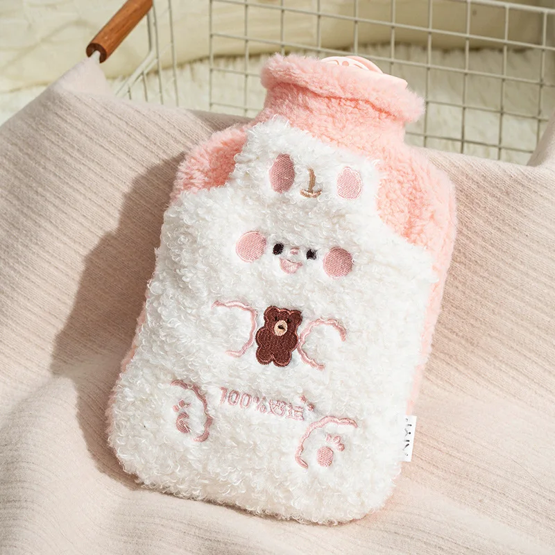 1000ML Reusable Winter Hand Warmer Heat PVC Stress Pain Relief Therapy Hot Water Bottle Bag With Knitted Soft Rabbit Cozy Cover