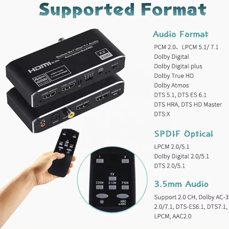 8K 4K 60Hz HDMI-compatible 2.0b Audio Extractor, eARC ARC 7.1CH HDCP2.3 Audio Converter Adapter for TV Soundbar