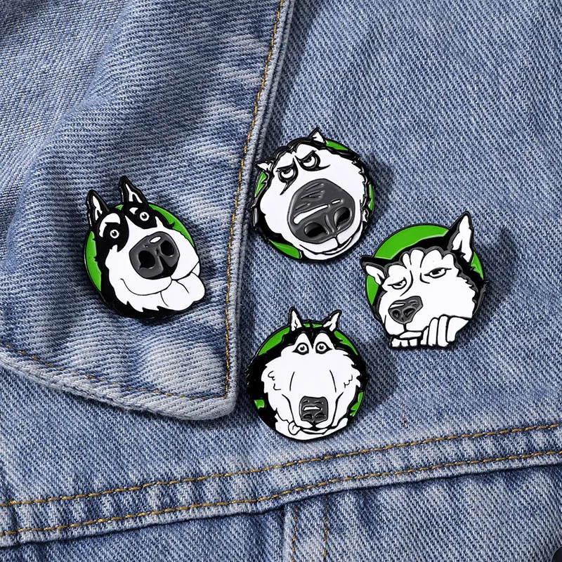 Criativo Cartoon Dog Esmalte Broche, Bonito Husky Metal Badge, Alloy Lapel Pin, Mochila Vestuário Chapéu Acessórios, BR082