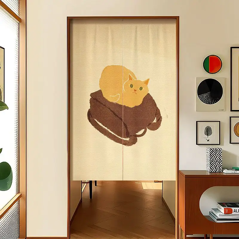 VIKAMA Japanese Hand Painted Orange Cat Art Noren Doorway Curtain Room Divider Privacy Tapestry for Entryway Gentle Decor