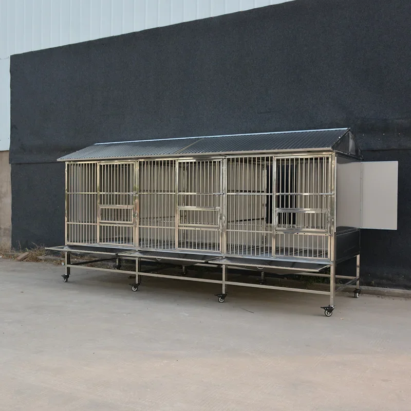 Factory Price Heavy Duty Metal Dog Kennel Cage Stainless Steel Dog House with Feeding Bowl & Pull Out Tray Dog Kennels