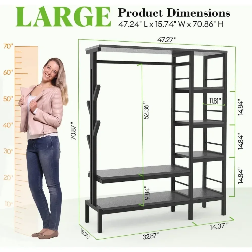 Livre Standing Closet Organizer com 6 Prateleiras de Metal e Coat Rack, Heavy Duty Vestuário Rack, pendurado roupas, 650lbs Capacidade