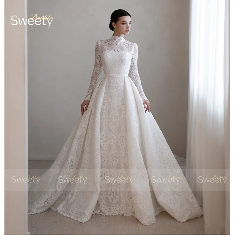 Wykwintna suknia ślubna z haftowanej koronki, linia A, suknia balowa, wysoki dekolt, długi rękaw, suknia ślubna szyta na miarę, zapinana na guziki, Vestido De Novia