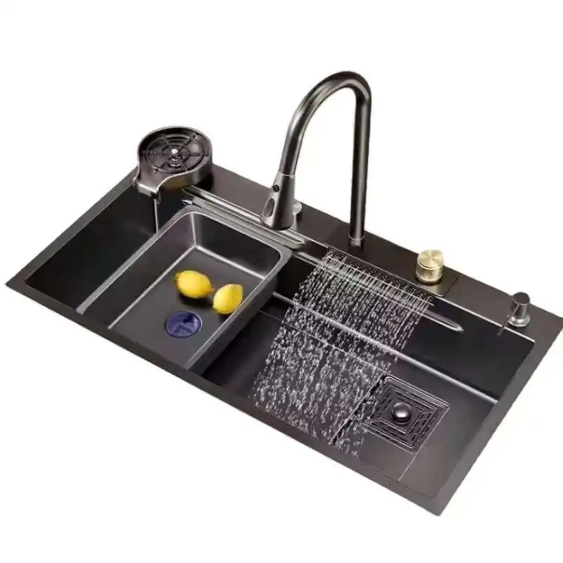 

Современная кухонная мойка с водопадом ручной работы, одна чаша из нержавеющей стали с четырьмя отверстиями для мытья посуды и чашек черного цвета