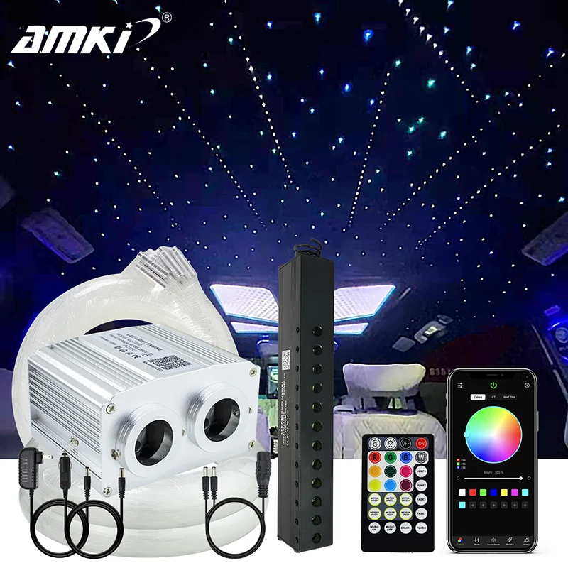 Luz Ambiental Interior para Auto con Fibra Óptica, 16W, Doble Puerto, Efecto de Estrella Centelleante y Meteoro, Sincronización con Música por APP