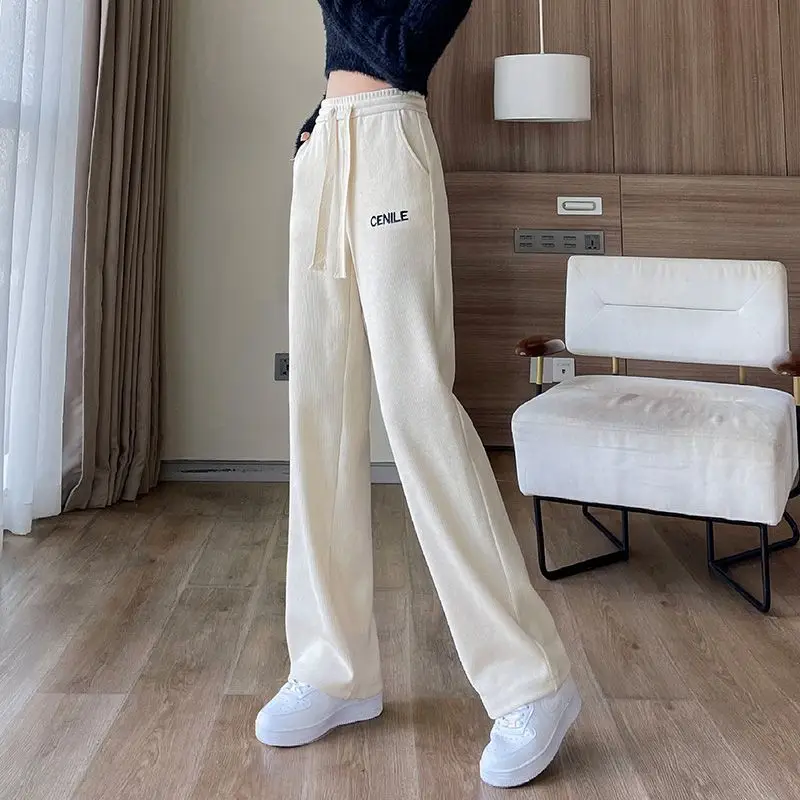 High Quality Corduroy Loose Drawstring Letter Embroidery Wide Leg Pants Solid Colour High Waist Droop Women Casual Long Pants