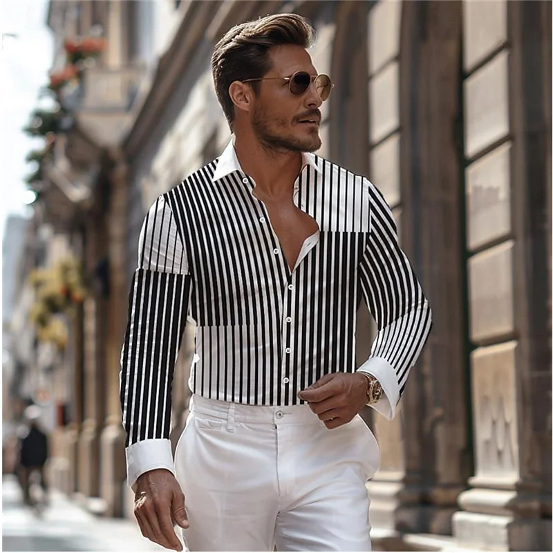 Striped men\'s business casual 3D printed shirt street daily spring and summer lapel long-sleeved black 6XL stretch fabric shirt