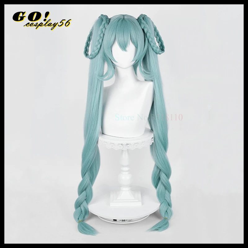 2023 Miku Flowers Cosplay Wig 95cm Long Braided Ponytails Mixed Green Hair Straight Pigtail Virtual Idol Vtuber Headwear