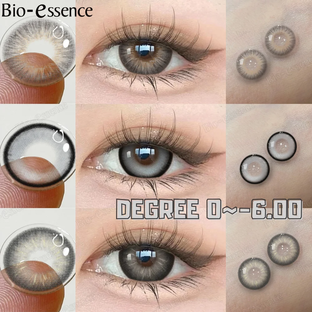 Lentes de Contato Coloridas Bio-Essence Cinza, Lentes de Prescrição Miopia, Olho Natural, Moda, 0 ~-6.00