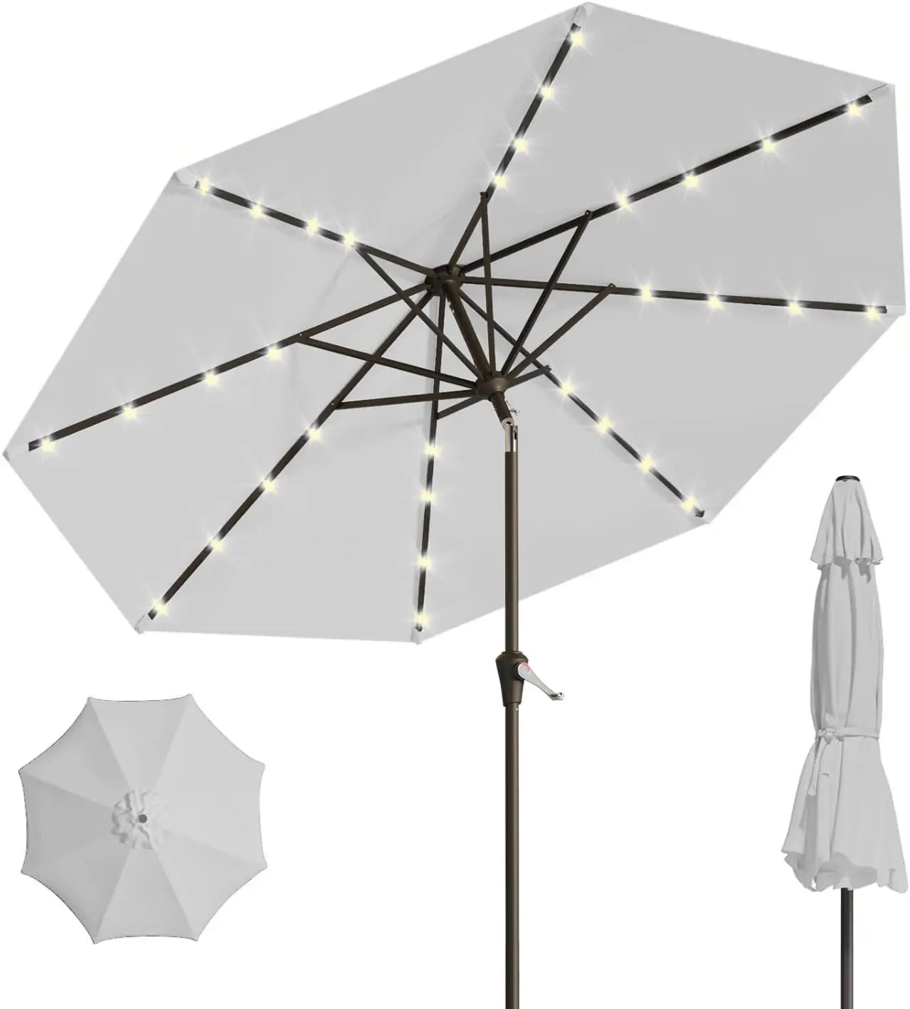 

10FT Solar Patio Umbrella with 32 LED Lights, Tilt & Crank, UV-Resistant for Pool, Garden, Deck in Light Gray