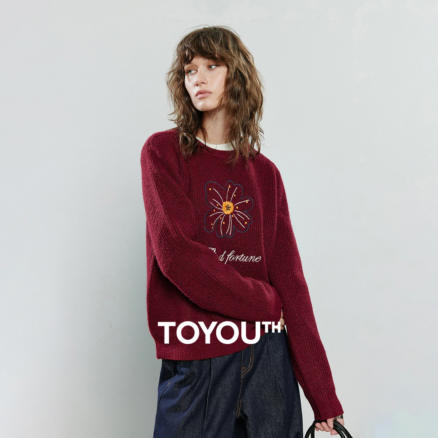 

TOYOUTH Women Sweaters 2025 Winter NewAsymmetric Faux Cowhide Velvet Embroidery Vintage Wine Red Gradient Top
