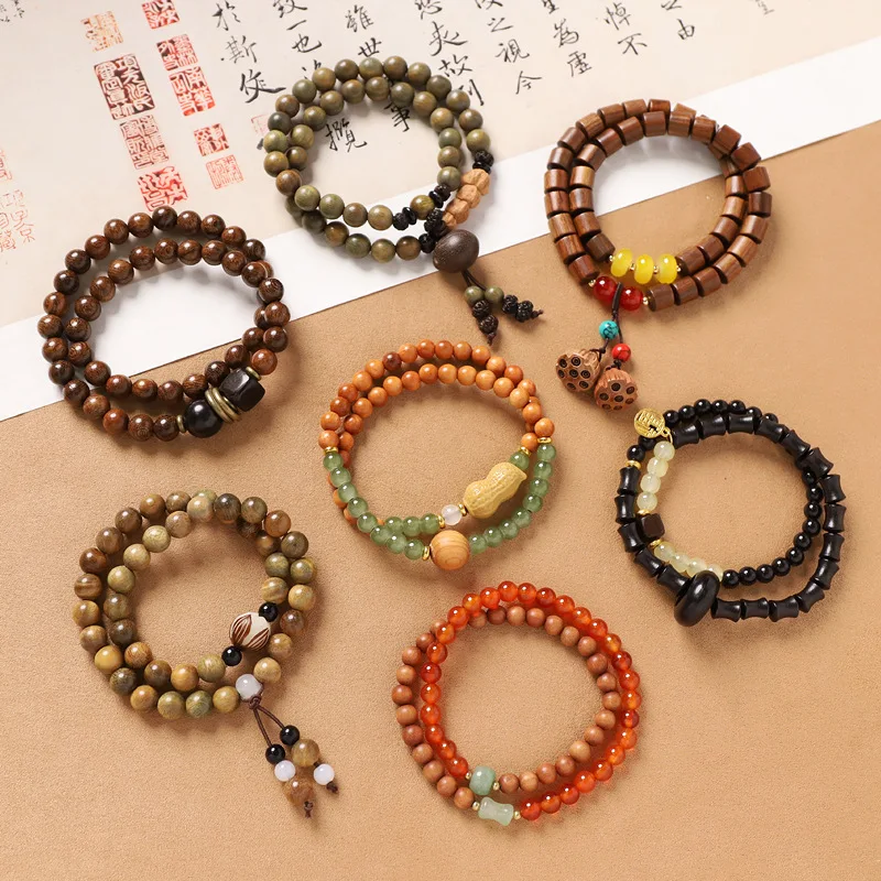 New Chinese Ethnic-style Sandalwood Prayer Bead Bracelets for Men Women Buddha Beads Necklace Stacking Multiple Layers Accessory