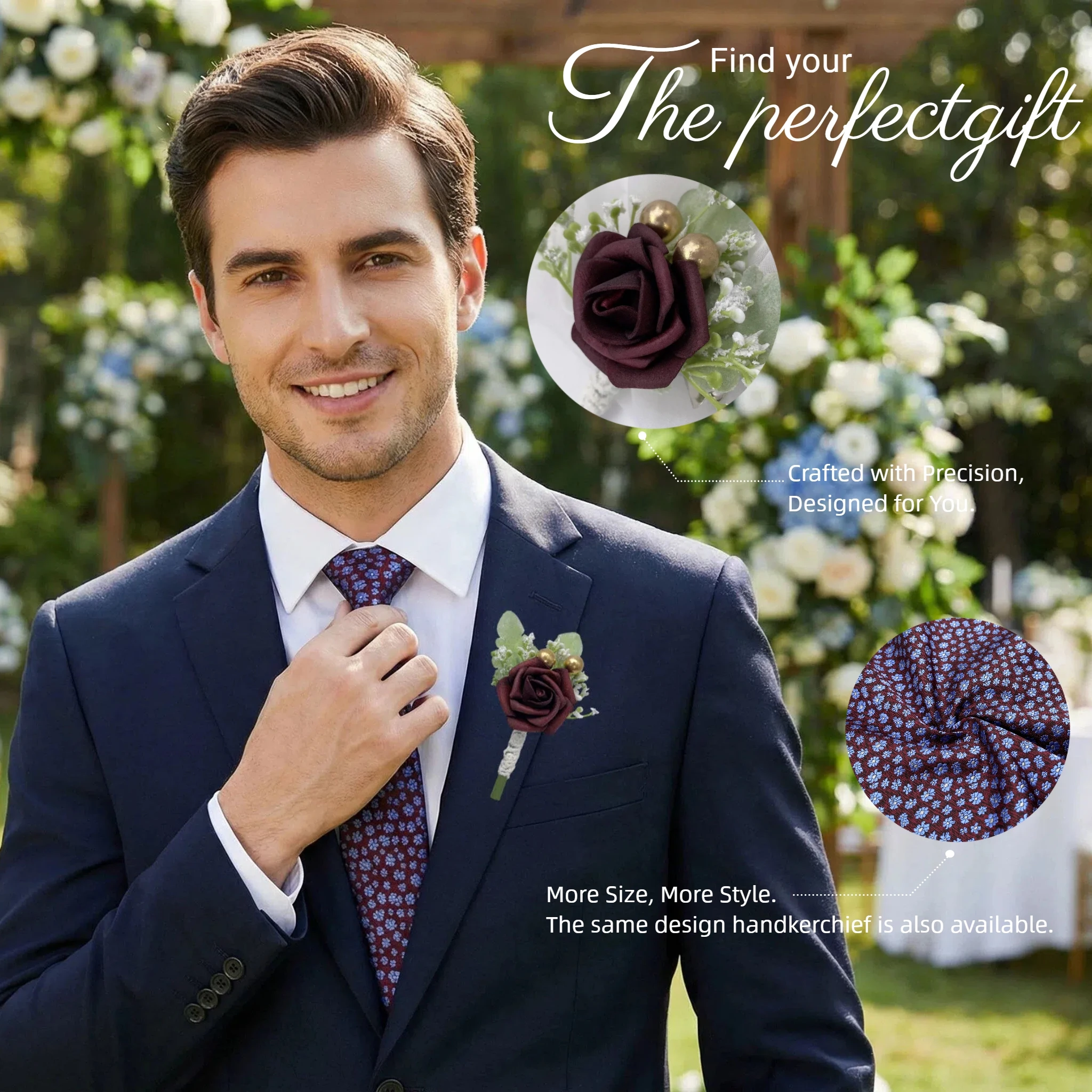 Floral Tie Hanky Set Burgundy Blue Mens Necktie Pocket Square Set Wedding Groomsmen Gift Slim Skinny 6cm Extra Long XL Vintage