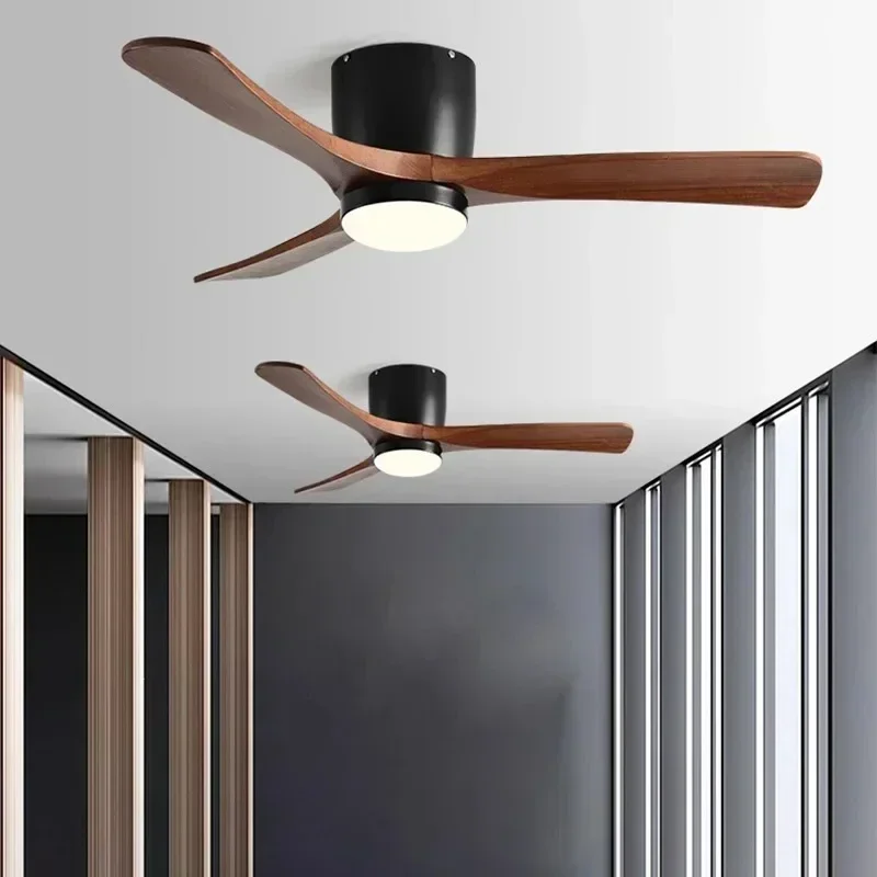 Low Floor Modern Ceiling Fan with Solid Wood Blades, Solid Wood DC Motor, Reversible Blades, Remote Control, LED Fan with Lights