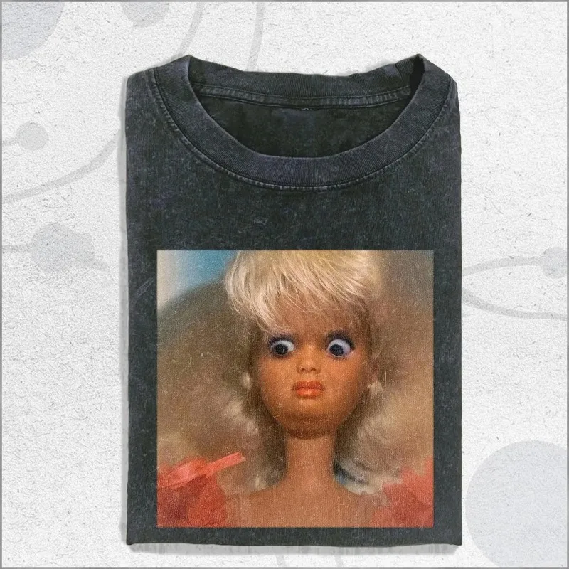 Vintage Washed Funny Doll Face Emoji Meme Icon T-shirt, Ironic Statement Shirt, Meme Shirt For Women Washed T-shirt
