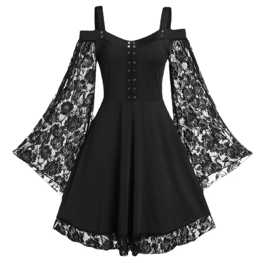 

【New style】European and American shoulder trumpet sleeves lace stitching artistic retro women's dress in stock one piece on be