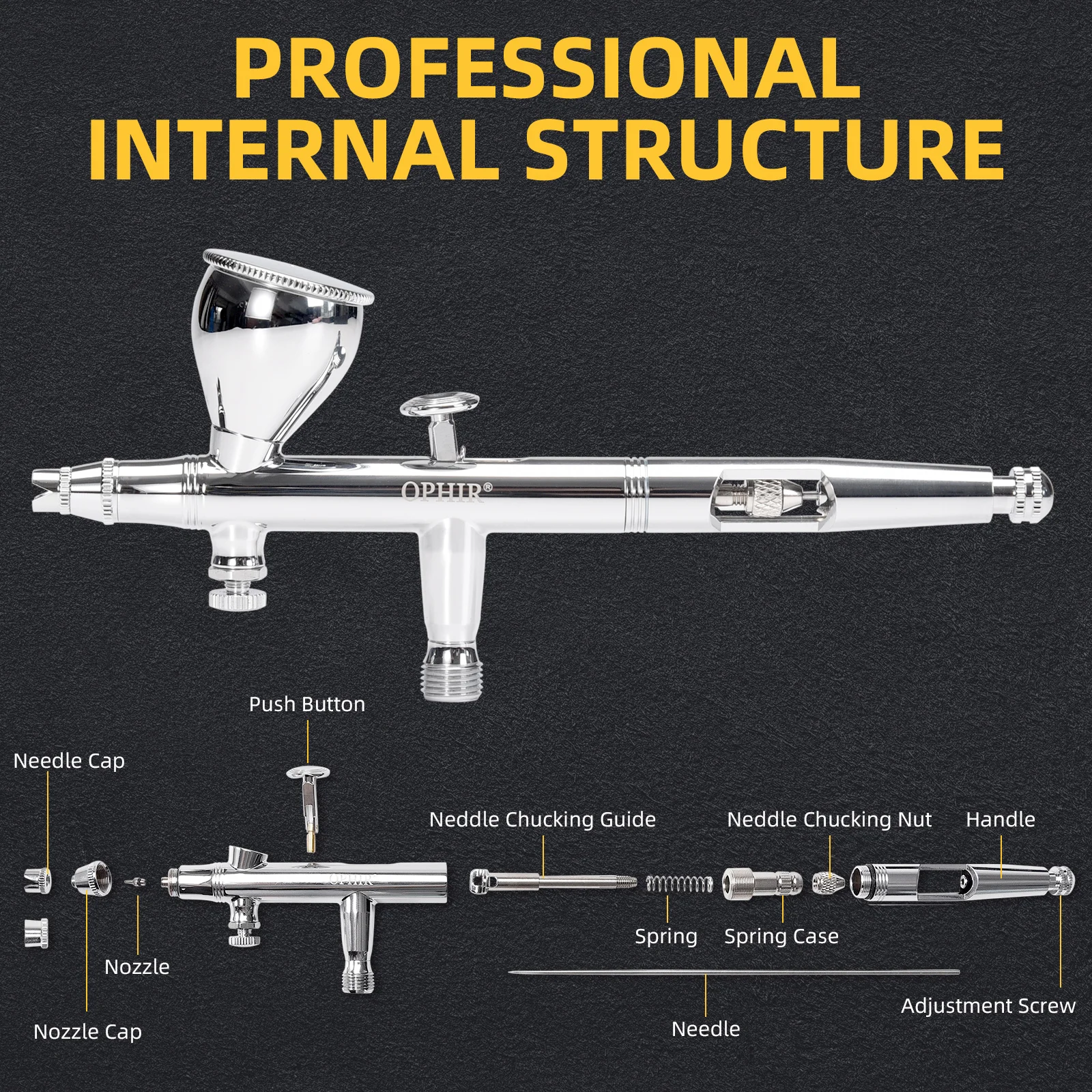 OPHIR 0.35mm Premium Airbrush Kit Dual-Action Air Brush with Spare Needle Nozzle Flat Nozzle Cap AC052