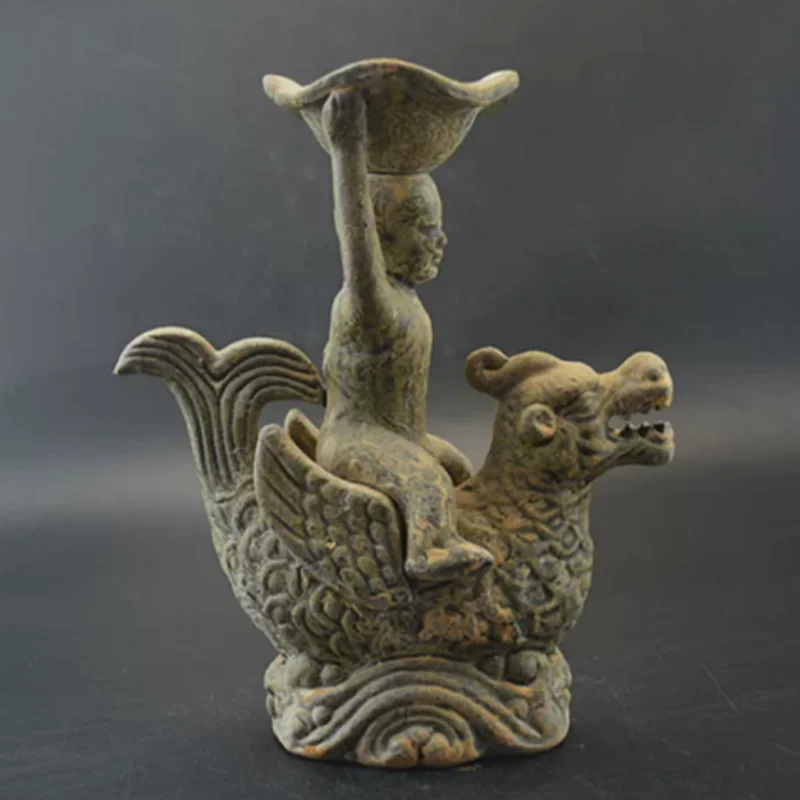 Vintage Yue Kiln Qilin Oil Lamp Base - Traditional Chinese Ceramic Mythical Beast Sculpture, Desktop Decor & Collectible
