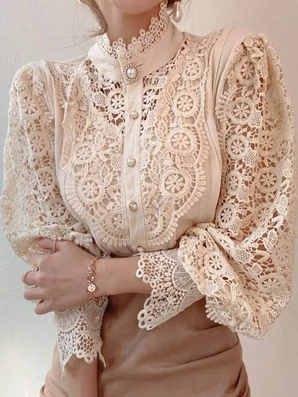 Ele Lace irt dames herfst nieuwe Sle 2025, afslanken uitgehold zwaar borduurwerk Splice trendy lange Sve opstaande kraag