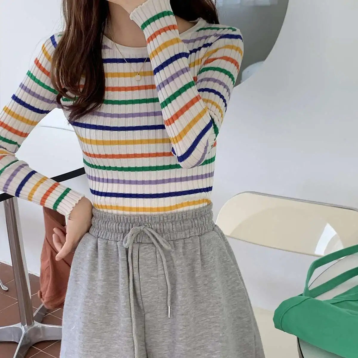 Herbst Winter Damen Gestreifter Boting irt Sweet Sle Long Sve Strickpullover Single Piece Herbstkollektion