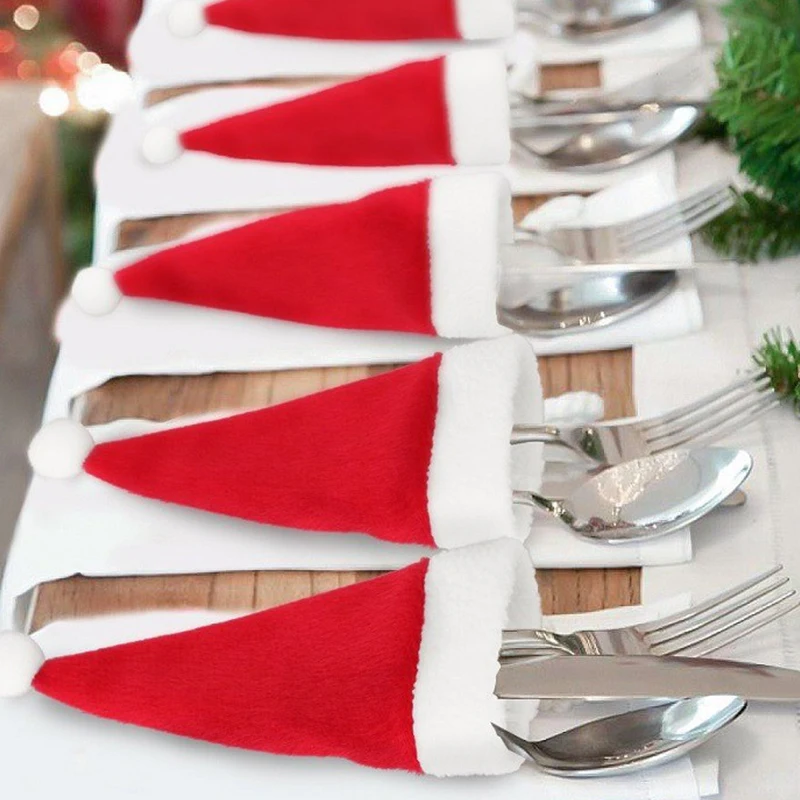 Christmas Tableware Holder Bags Xmas Hat Knife And Fork Cutlery Cover Christmas Party Decorations Noel New Year Table Ornament