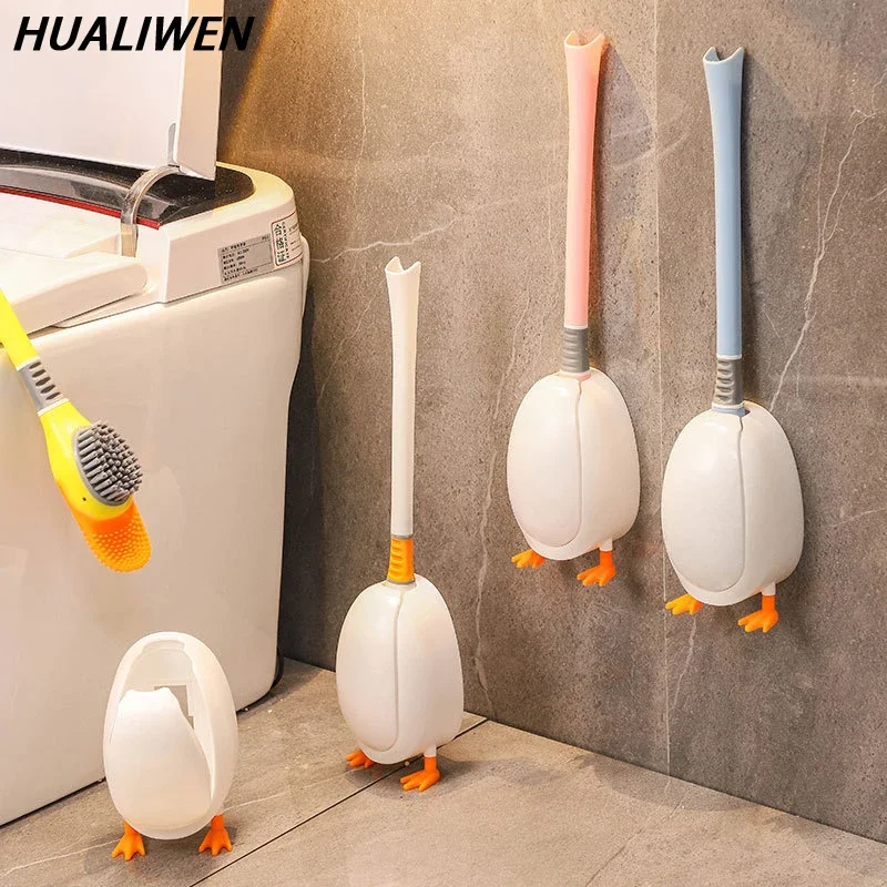 Toilet with waterproof base toilet brush wall mounted silicone long handle floor standing cleaning brush bathroom flushing tool