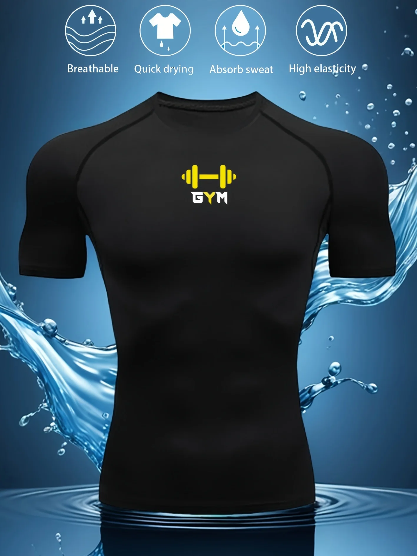 تي شيرت رياضي للياقة البدنية للرجال مع طباعة دمبل، قميص ضغط عالي المرونة مسامي مناسب للجري، Shap #1