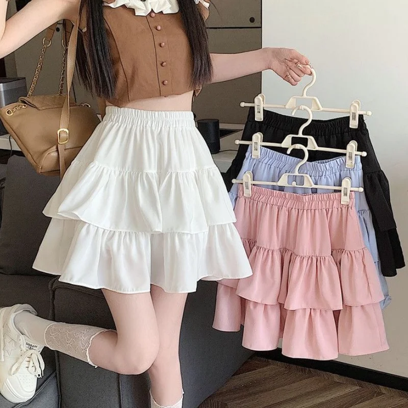 

Women Tiered Skirt A-Line Skirt Lady White Ruffle Sweet Tierred Pretty Style Skirt Elastic Waist Female Korean Harajuku Dress