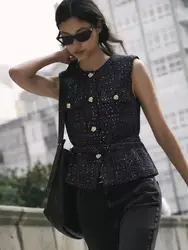 Zevity Women Vintage Sleeveless Sequined Sashes Texture Vest Jacket Ladies Retro Golden Buttons Cardigan WaistCoat Tops CT7314