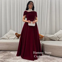 Burgundy Evening Dress Customized Velour Arabic Prom Gown Pearls High Neck Off Shoulder A Line Sweep Train Dubai Party Dresses