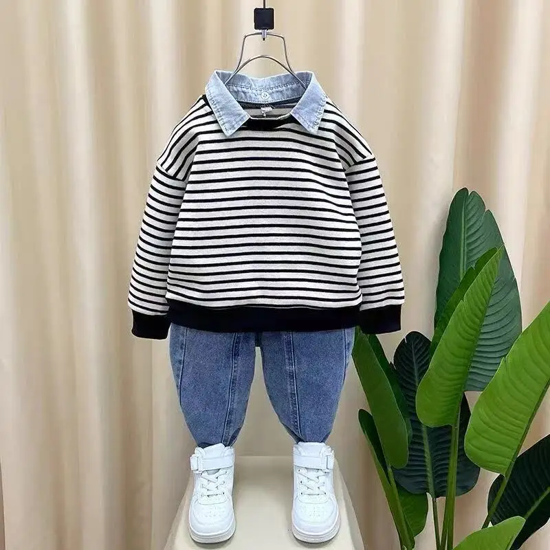 

Children's Spring and Autumn Set 2025 New Boys' Baby Cotton Striped Hoodie+Jeans Two Piece Set 80-130cm