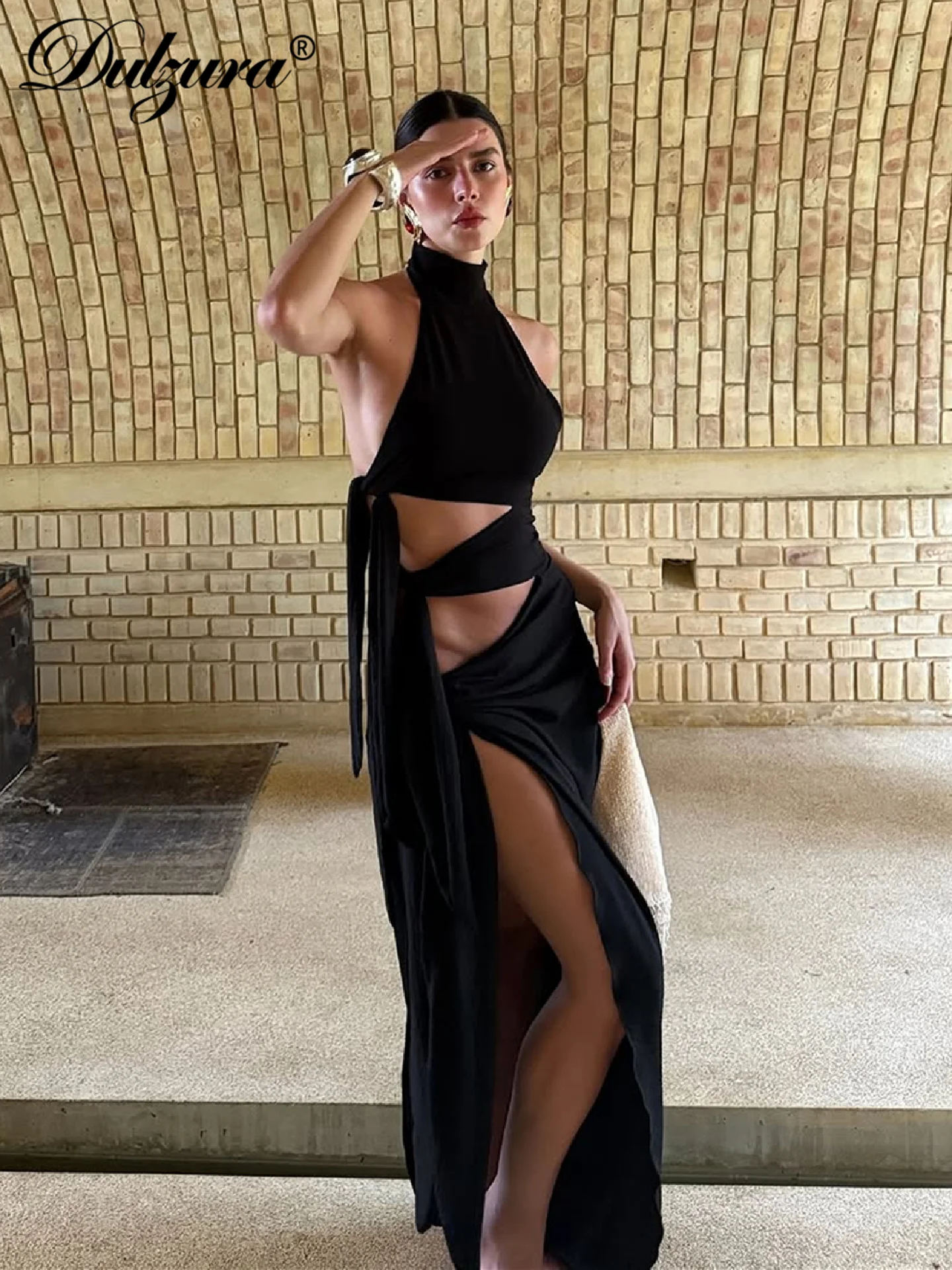 Dulzura الرسن بلا أكمام عارية الذراعين سليم الدانتيل يصل قطع الشريط غير النظامية فستان طويل الصلبة مثير فستان أنيق ملابس نادي الحفلات