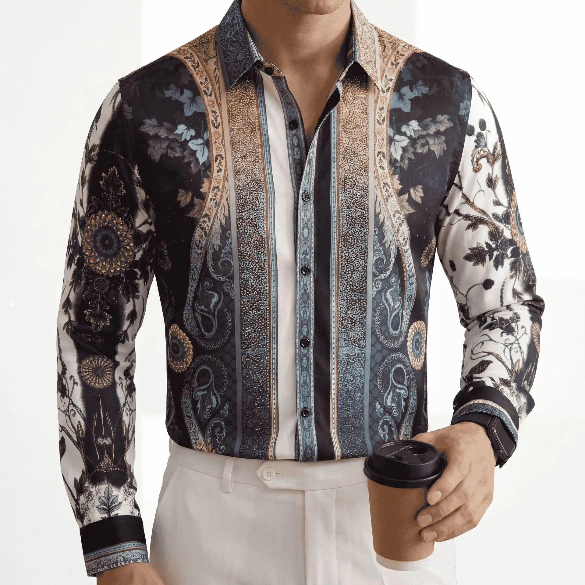 

Luxury Cashew Flower Water Diamond Shirt for Men Retro Long Sleeved Casual Business Shirts Social Party Banquet Street Wear 5XL