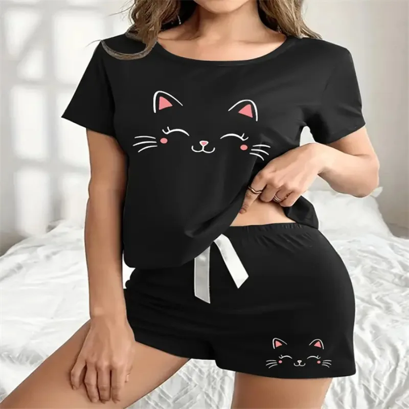 Women's Casual Printed Short Sleeve Pajama Set Round Neck Top  Shorts  European  American Style XL Size Sleepwear XL Size Cozy