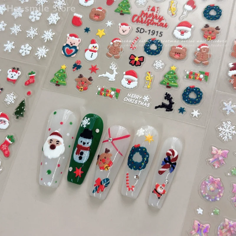 Adesivos de unhas de natal 3d alívio inverno floco de neve urso adesivo de unhas para mulheres e meninas papai noel adesivo de unhas arte decorstion