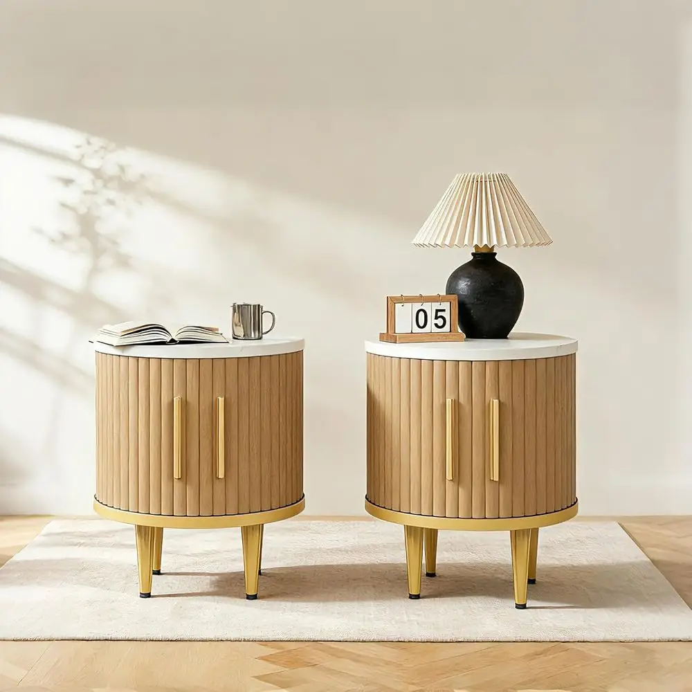 

Pair of Small Modern Side Tables with Auxiliary Marble Tops and Metal Handles, Bohemian Style for Bedroom or Living Room, Natura