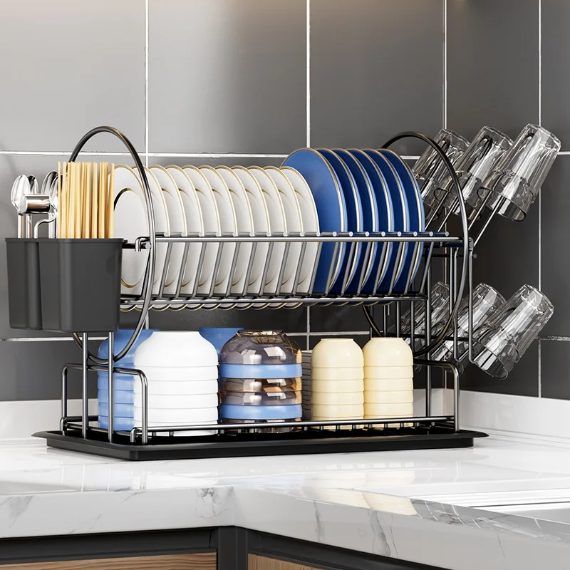 Küchen-Geschirrtrockner mit 2 Ebenen, Besteckhalter und Tassenhalter, Schwarz, Verstärktes Abtropfgestell für Schüsseln und Teller, Aufbewahrungsorganizer