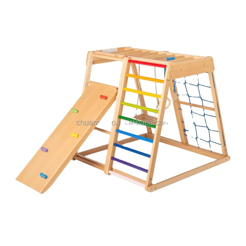 Indoor Children Playground Baby Kids Solid Wood Climbing Frames Toy Set With Wooden Slide Swing Rock Climbing