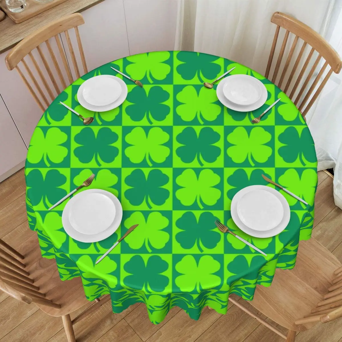 Custom  Four Leaf Clover Floral Checkerboard Tablecloth 60 inches Kitchen Table Cloth Spillproof Saint Patrick Day Shamrock