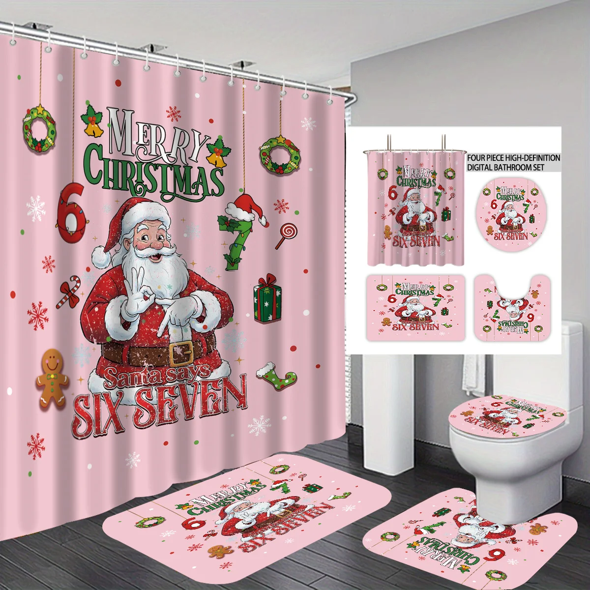 

4pcs pink Santa Claus 67 element print bathroom waterproof privacy shower curtain 12 hooks toilet mat U-shaped pad floor mat