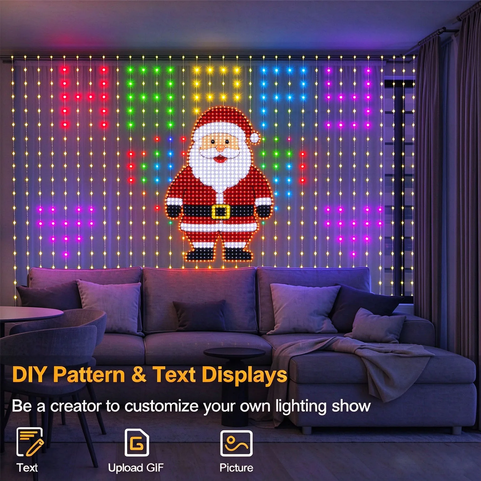 スマートledカーテンライト、ledフェアリーライト。アプリで操作可能、音楽に合わせて点灯、diyでパターンを設定可能。屋内・屋外でのパーティーデコレーションに最適。防水仕様。