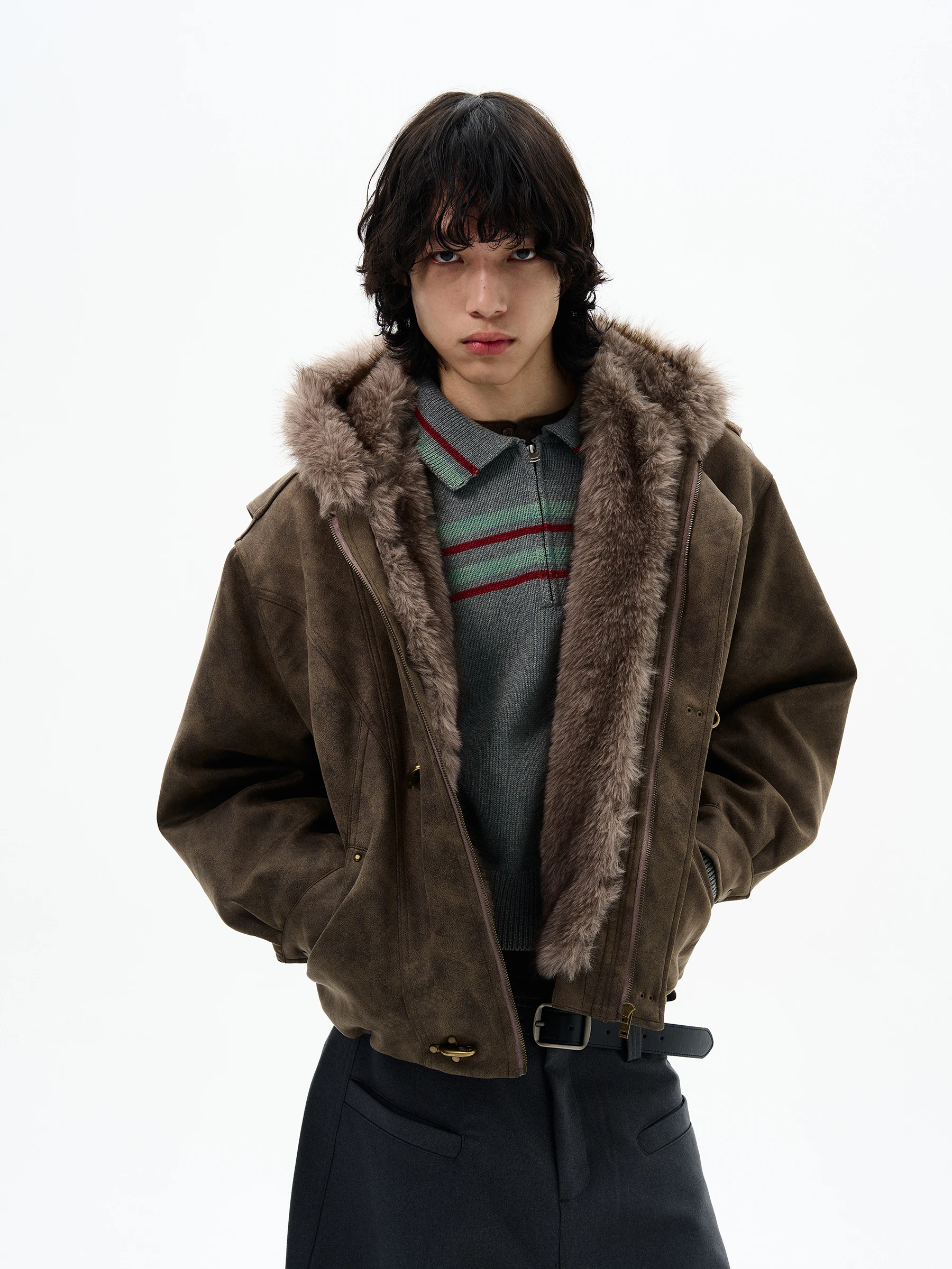 موضة الرجال 2025 الخريف جديد الراقية النمط الأمريكي طائرة مشبك فو الفراء طوق فو سترات من الجلد معاطف وسيم سترات #2