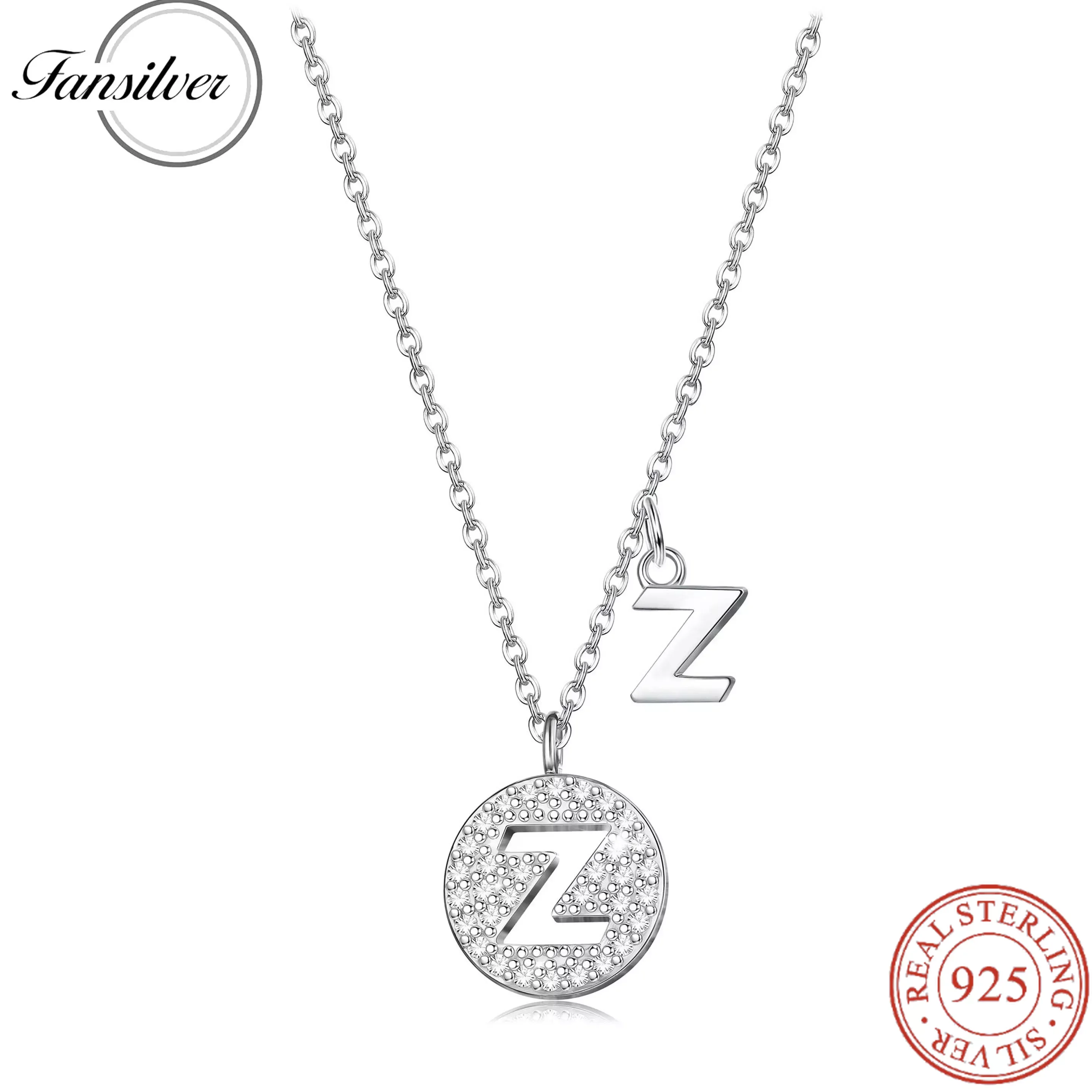 

Fansilve 925 Sterling Silver Initial Necklace for Women Men Capital Letter CZ Disc Alphabet Pendant White Gold Plated Neck Chain