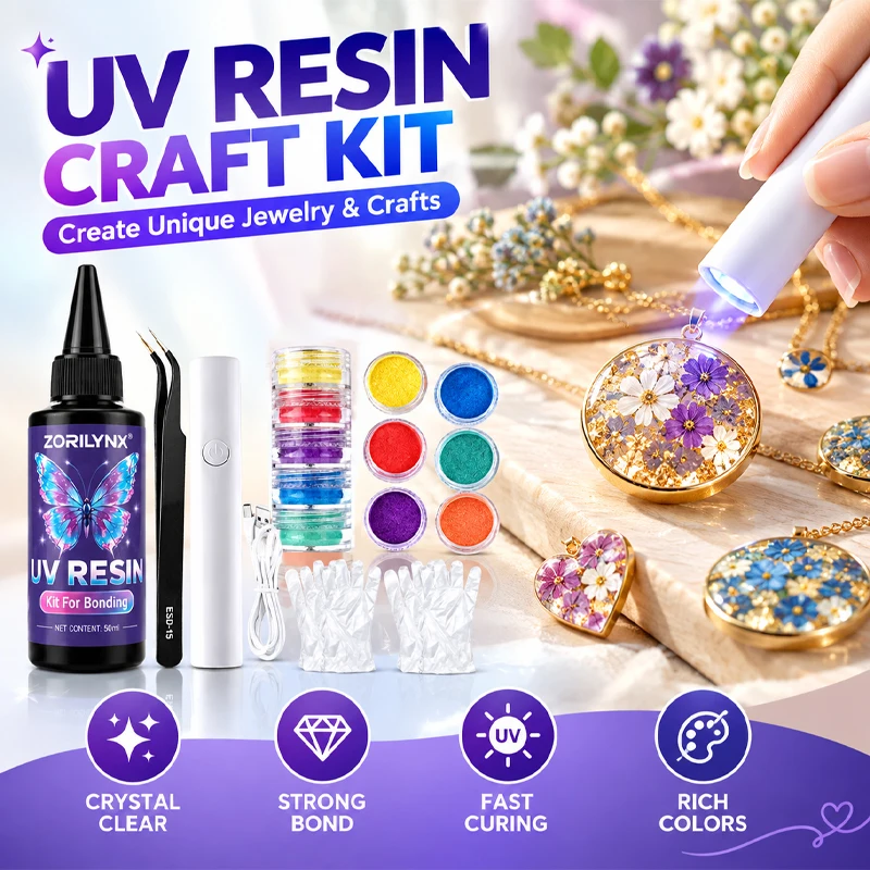 UV Resin Kit with Rechargeable UV Light Lamp Fine Glitter Sequins Tweezers Gloves for DIY Craft Jewelry Making 50ml - ZORILYNX