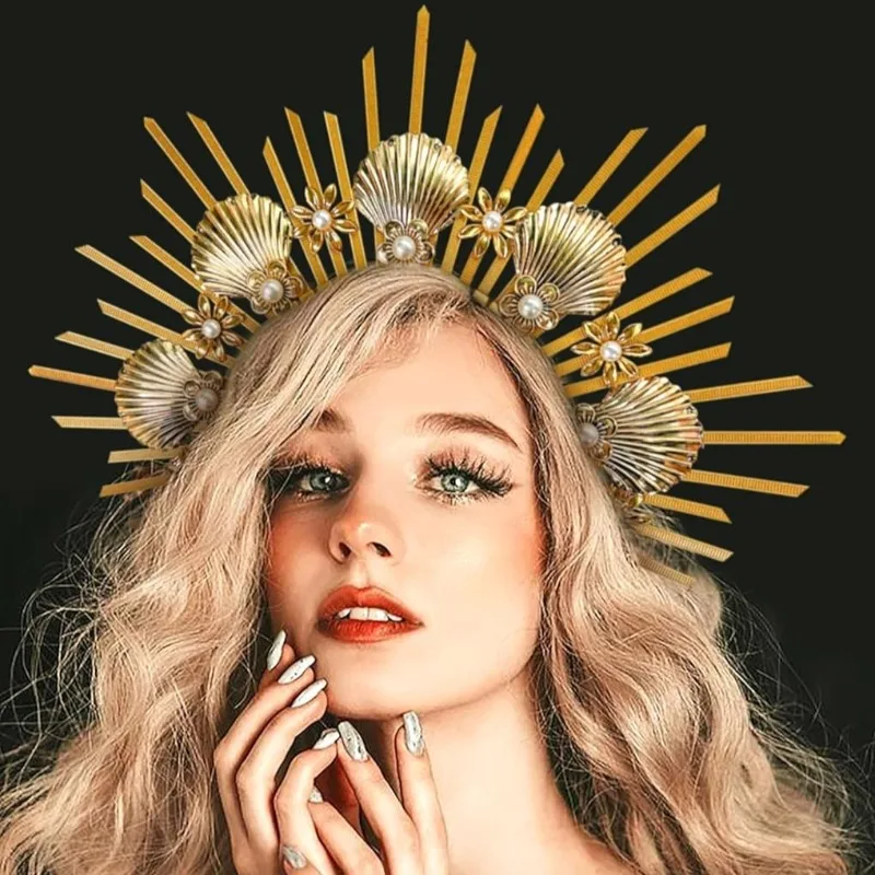 

Хэллоуин Богиня Halo Корона Золотая Ракушка Солнце Цветок Головной Убор для Женщин Косплей, Фестиваль Ренессанса Сирена Костюм Аксессуар