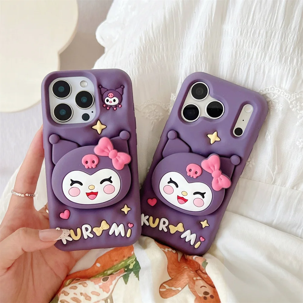 Cartoon Sanrio Cute 3D Cartoon Kuromi Stand Holder Phone Case For iPhone 12 13 14 15 16 17 Pro Max Plus Soft Silicone Back Cover