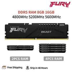 Kingston Fury Beast DDR5 8GB 16GB 4800 5200 5600MHz Desktop Memory 288Pin 1.1V DIMM PC5-34800 41600 44800 DDR5 RAM