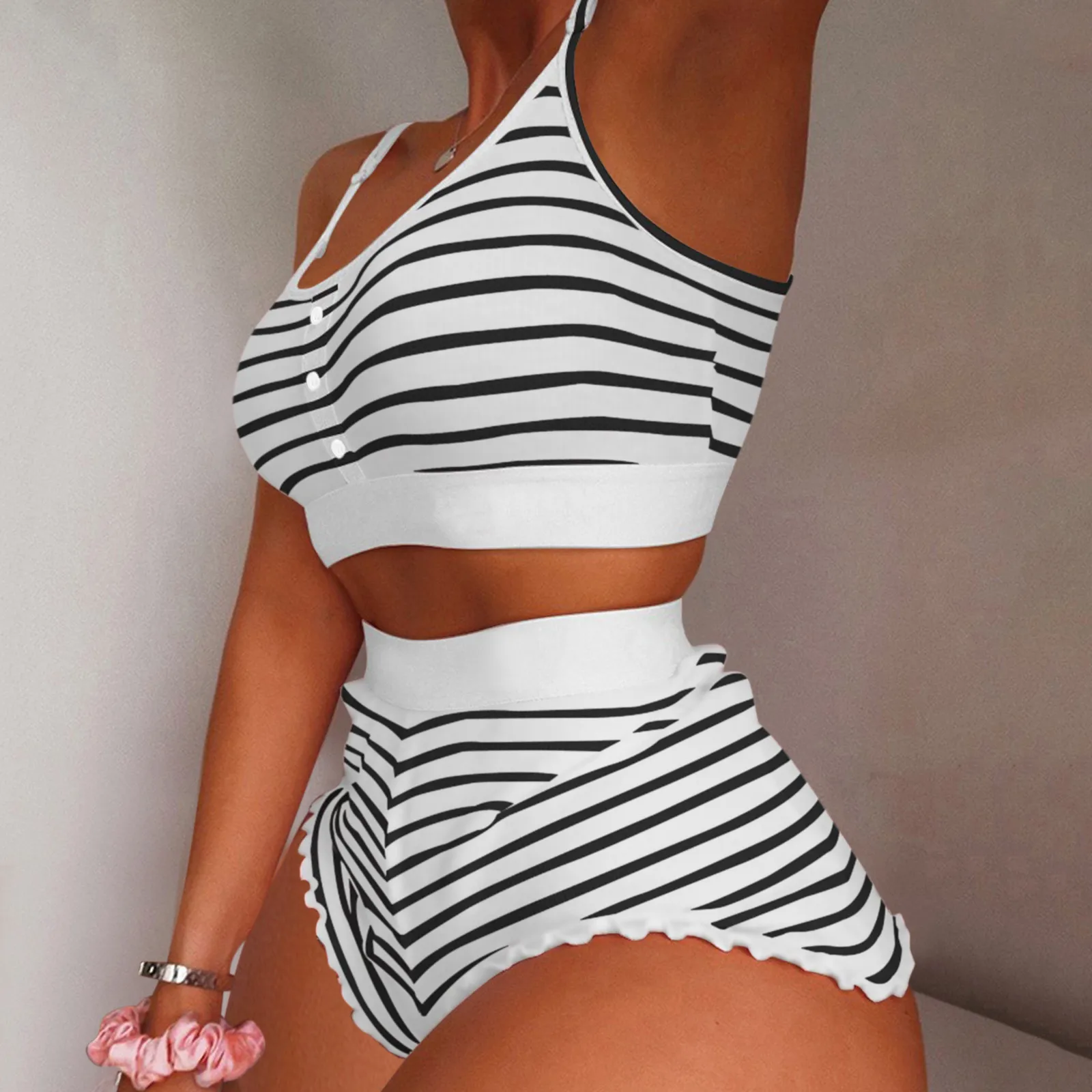 New Women\'s 2 Pieces Strip Hem Cami Pajama Set 2024 Femme Cute Crop Top & Shorts Suits Lady Sleepwear Nightwear