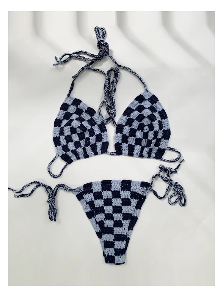 2022 Women New Crochet Checkered Bikini Set Navy and Light Blue Crochet Checker Swimsuit Adjustable Triangle Top Swimwear